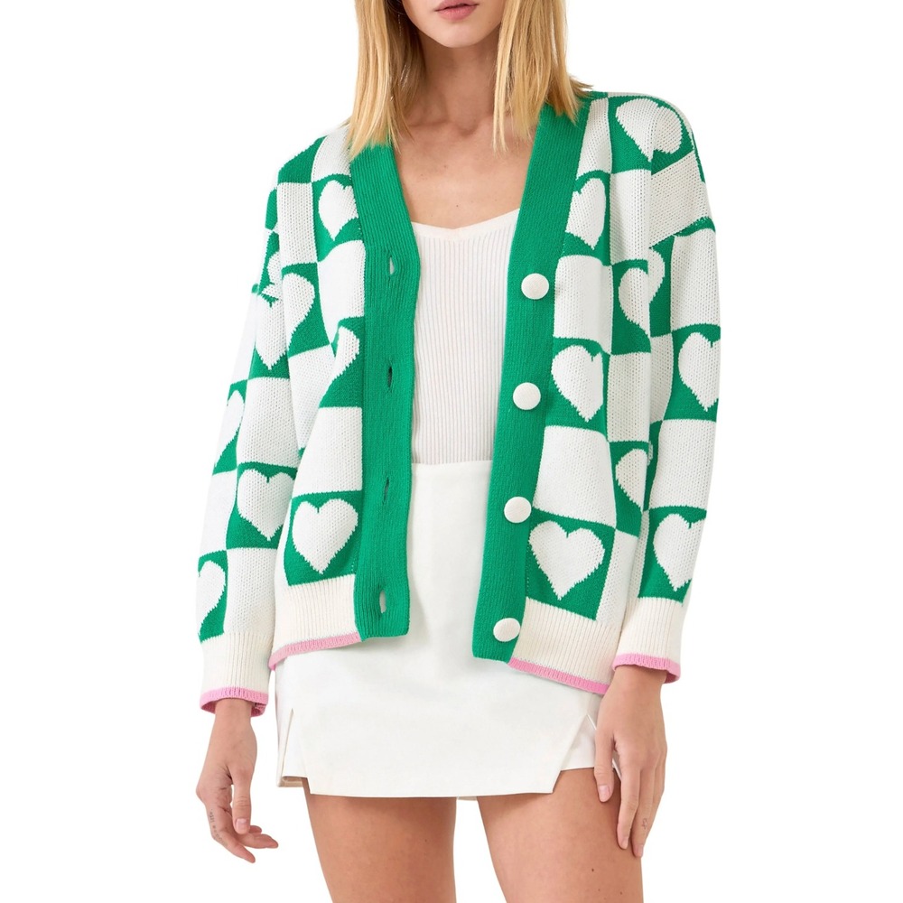 English Factory Cardigan M Green Heart Checkered Knit Sweater Casual Brunch